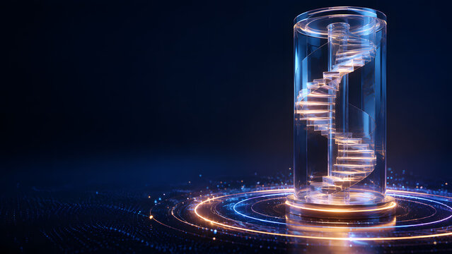 glass spiral staircase inside glowing cylinder tower representing modern architecture interior design and technology innovation