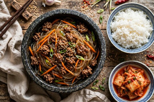 Korean Ground Beef and Noodles Bowl 46 - A top-down food photography s