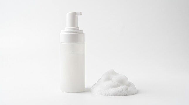 Minimalist white foam pump bottle, cosmetic dispenser with soap lather, blank skincare packaging mockup on white background