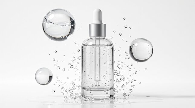 Minimalist glass dropper bottle with water splashes, clear serum bottle with floating bubbles, cosmetic skincare product on white background