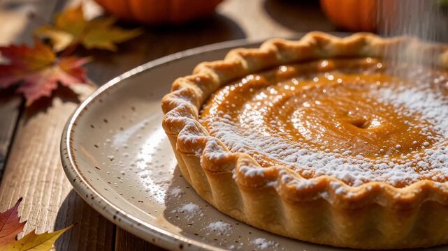 Tarta de calabaza reci&eacute;n horneada sobre un plato de cer&aacute;mica r&uacute;stica, con az&uacute;car glas cayendo suavemente y decoraci&oacute;n oto&ntilde;al en segundo plano