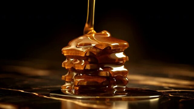 Golden honey syrup pouring over stack of cookies on dark marble surface with dramatic lighting for food ad video loop