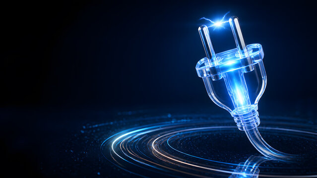 electric plug glowing blue lightning spark power energy technology electricity connection digital innovation clean background