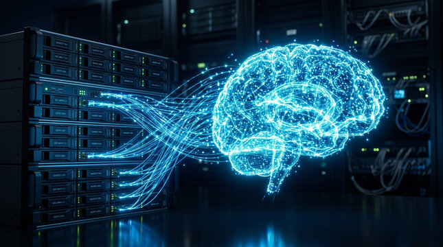 A glowing brain-shaped neural network made of light particles connects directly to a bank of high-speed server racks. This conceptual render symbolizes generative AI's reliance on fast SSD storage.
