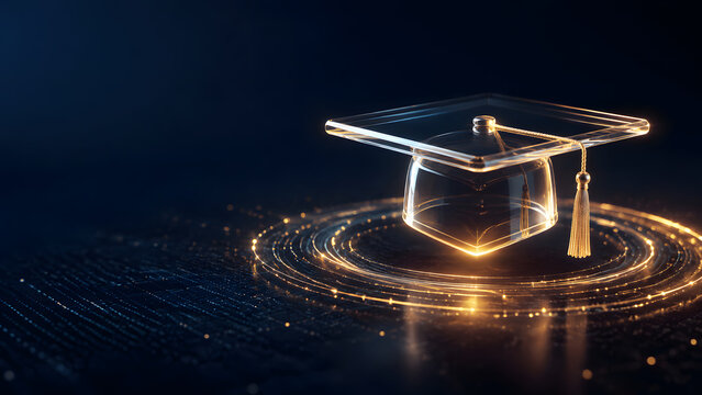 graduation cap glowing gold glass education achievement academic success university degree technology digital future background modern