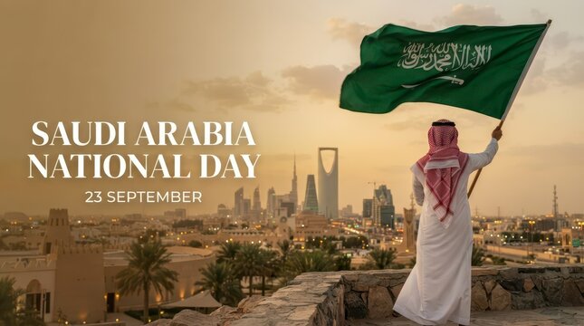 Person holding Saudi Arabia flag with city skyline