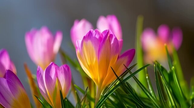 Vibrant Crocus Blooms: A Close-Up View of Spring's Delightful Purple and Yellow Flowers