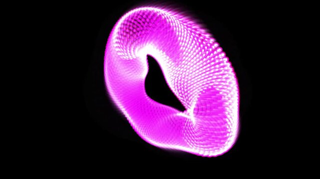 Abstract pink and magenta glowing particle vortex forming a swirling torus shape on a black background. Futuristic digital motion graphics animation, ideal for technology, music visualizer, or sci-fi 