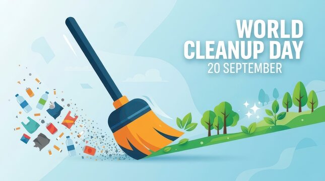 World Cleanup Day illustration with broom and trash