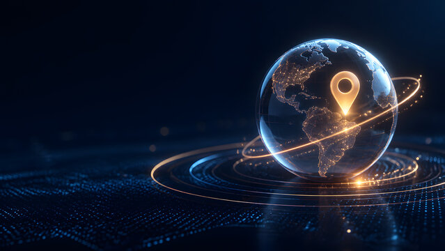 glass globe with location pin and orbit trail floating above dark digital grid symbolizing world travel network