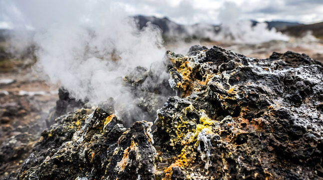 macro Volcanic Steam and Sulfur Vent on Lava Rock