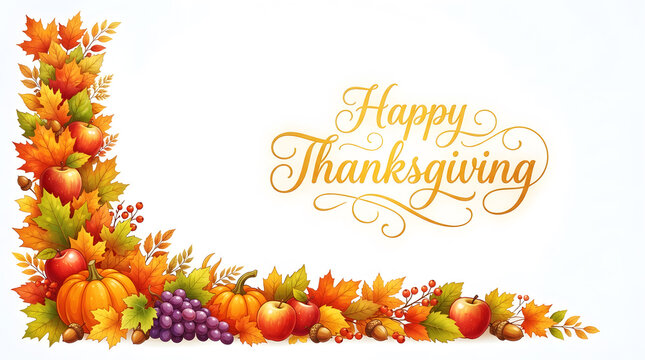Happy thanksgiving greeting card with autumn harvest fruits and leaves