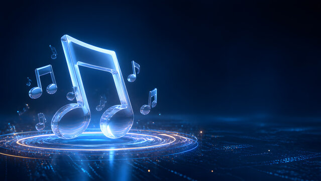 glowing glass musical notes floating with bright blue light background design representing music melody sound harmony
