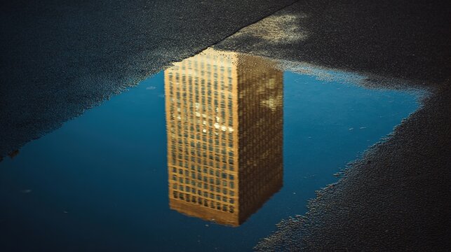 distortion. Distorted reflections of glass towers in a water puddle during golden hour. real-estate listings, architecture portfolios, designed for interior renovation comparisons for interiors.