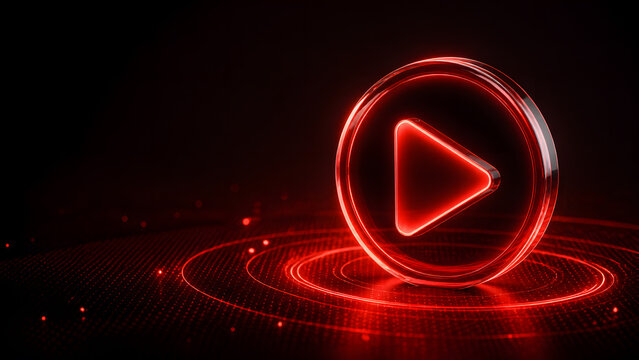 glowing glass play button icon circular shape with bright red light background representing video media entertainment