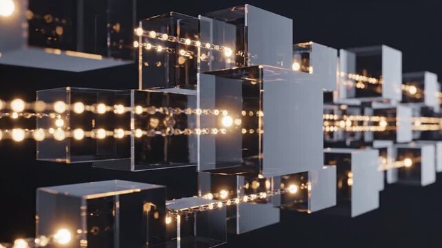 Abstract digital data transfer: Glowing orbs move through futuristic glass cubes