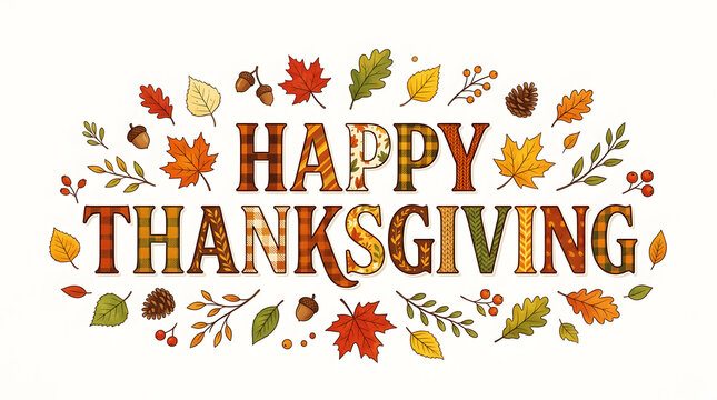 Happy thanksgiving text decorated with colorful autumn leaves on white background