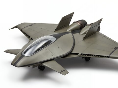 Gray futuristic combat aircraft twin engine advanced military jet design