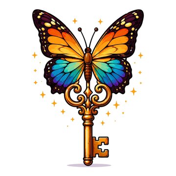 Magical butterfly key with vibrant orange and blue wings and glowing golden sparkles