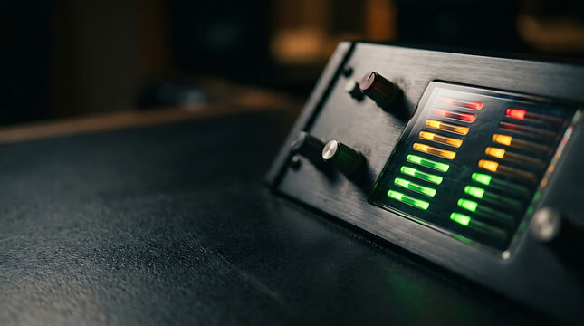 Professional audio recording mixing console with glowing digital level meter levels in a music studio