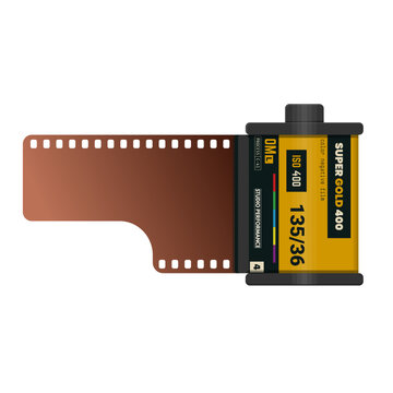 Retro fantasy realistic style 35mm film cartridge with brown filmstrip. Old analogue photo film for SRL or point-and-shoot cameras on white background. Vector illustration.