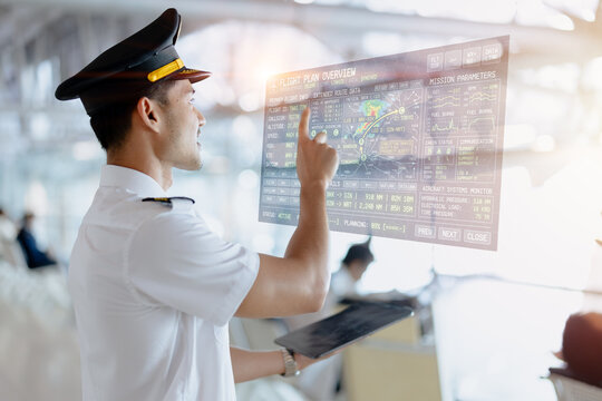 Asian Pilot using Modern Hologram Screen AI Flight Plan Virtual Reality Interface Smart Technology