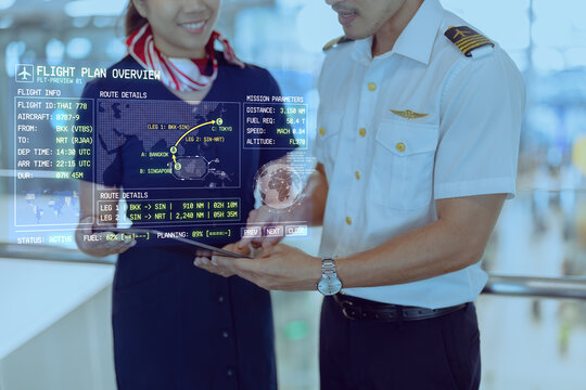 Asian Pilot using Modern Hologram Screen AI Flight Plan Virtual Reality Interface Smart Technology