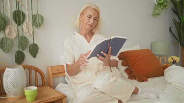 Woman sitting on bed in bedroom holding a blue book with both hands, reading and smiling amid pillows and houseplants; contentment.