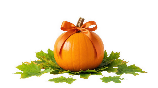 A bright orange pumpkin decorated with a silk ribbon bow sitting on a bed of green maple leaves isolated on transparent background