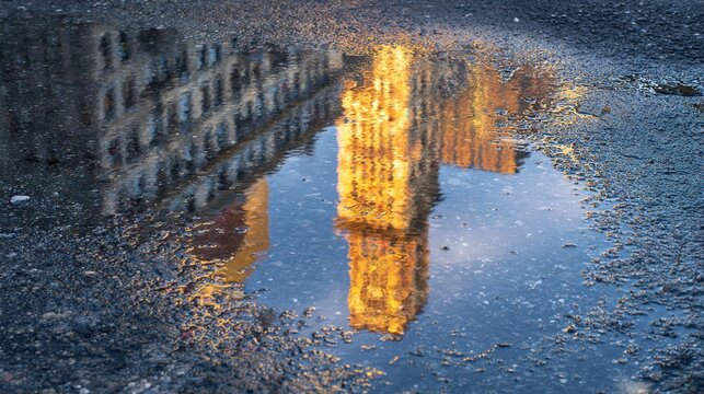 distortion. Distorted reflections of glass towers in a water puddle during golden hour. real-estate listings, architecture portfolios, designed for interior renovation comparisons for interiors.