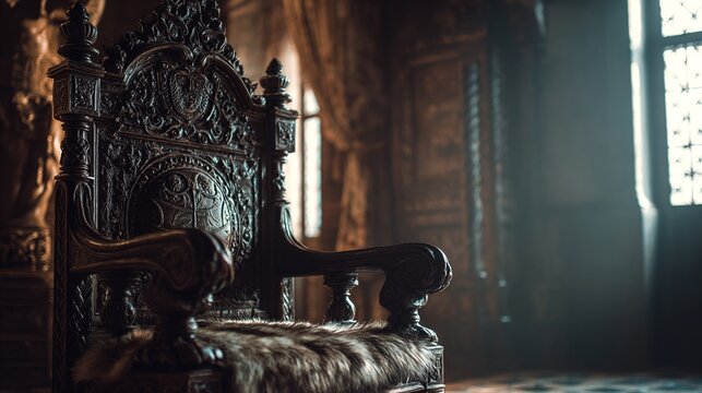throne. Empty ornate throne in a castle hall, dramatic light from a high window. real-estate listings, architecture portfolios, designed for real-estate listing and luxury residence showcases.