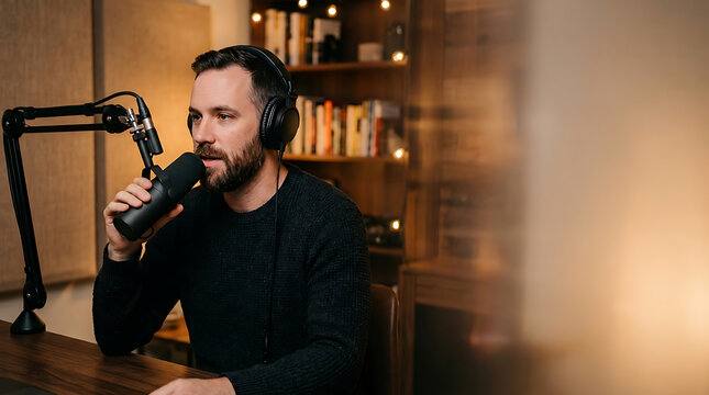 A focused man with a beard wearing headphones talking into a professional microphone in a podcast studio