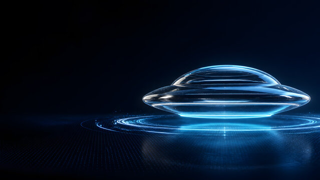 Glass ufo spaceship glowing blue floating above digital circle ring dark background alien technology futuristic science