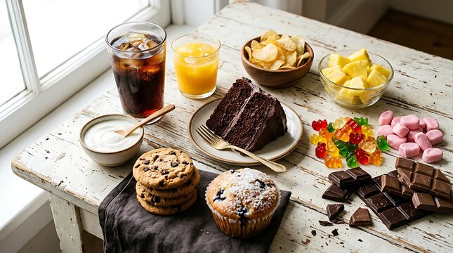 Assortment of Sugary Snacks and Beverages on Rustic Table