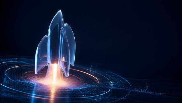 Glass rocket spacecraft glowing representing launch space startup innovation mission exploration futuristic technology flight aerospace travel