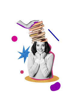 Vertical photo collage of happy girl student hand hold book head library stack literature bookworm hobby isolated on painted background