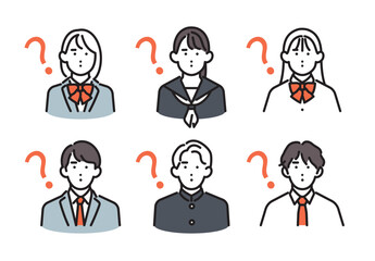 Fototapeta premium シンプル イラスト 疑問を感じて「ん？」となる男女の学生6人セット ベクターイラスト
