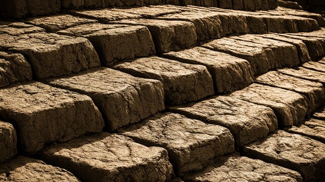 ziggurat. Ancient Mesopotamian mud-brick ziggurat structure, weathered surface in warm desert light. real-estate listings.
