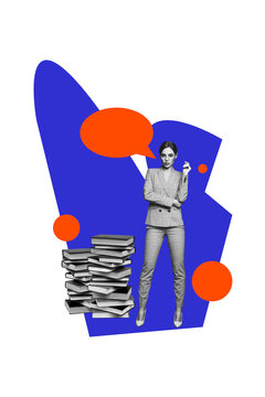 Vertical collage picture young businesswoman workload book stack bookstore library education knowledge reader speech textbox