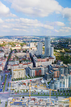 Aerial view of Belgrade skyline with construction cranes