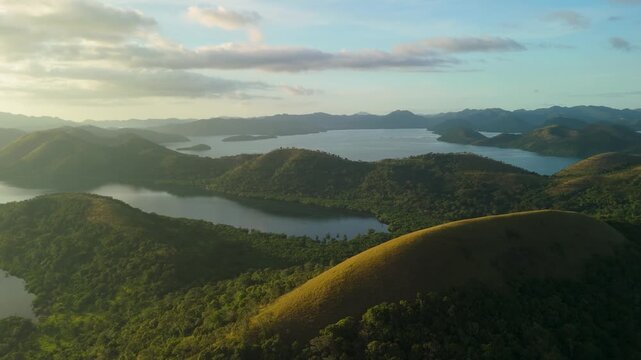 Aerial drone cinematic footage of tropical lake landscape in Coron Palawan Philippines.