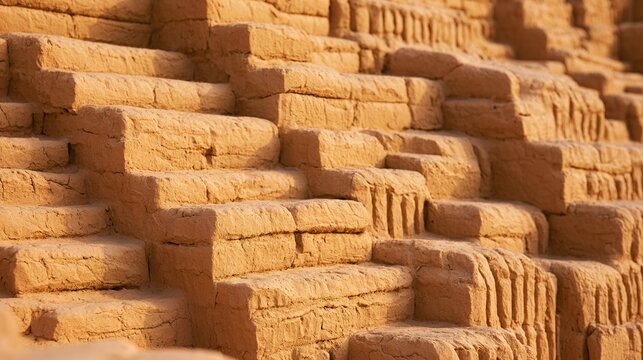 ziggurat. Ancient Mesopotamian mud-brick ziggurat structure, weathered surface in warm desert light. real-estate listings.