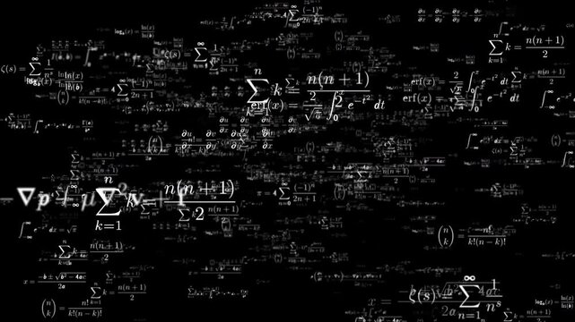 Background animation flight through a dark 3D space filled with glowing white mathematical formulas, equations, and calculus symbols