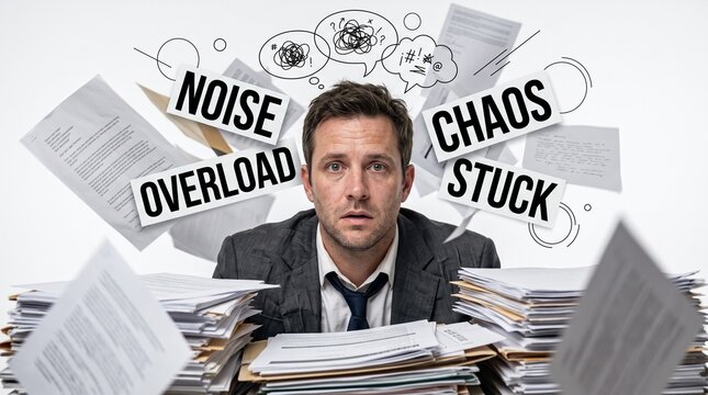 Stressed businessman overwhelmed by excessive paperwork and mental chaos in a corporate office environment, experiencing burnout and information overload