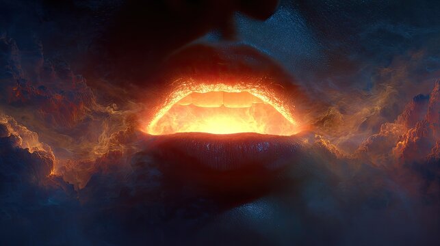 Fiery Lips Surrounded by Cosmic Clouds and Mystical Light Effects