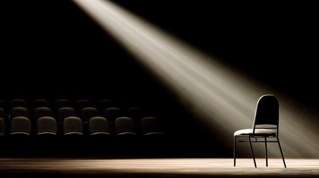 rehearsal. Empty theater rehearsal hall with a single spotlight on a central chair casting dramatic shadows. real-estate listings.