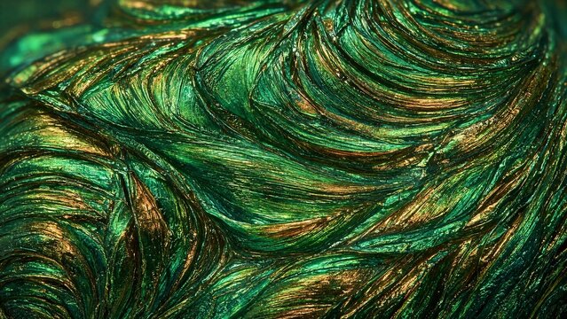 Microscopic emerald beetle cuticle texture showing shimmering iridescent green chitin scales and metallic gold wave pattern
