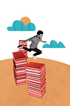 Composite trend artwork sketch image photo collage of young man run jump pile book knowledge education outdoors sun cloud study smart