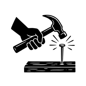 Person using hammer to drive nail into wooden surface illustration