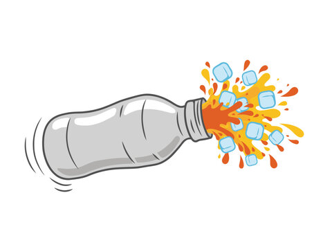 Soda bottle exploding with ice cubes and fizzy liquid splash